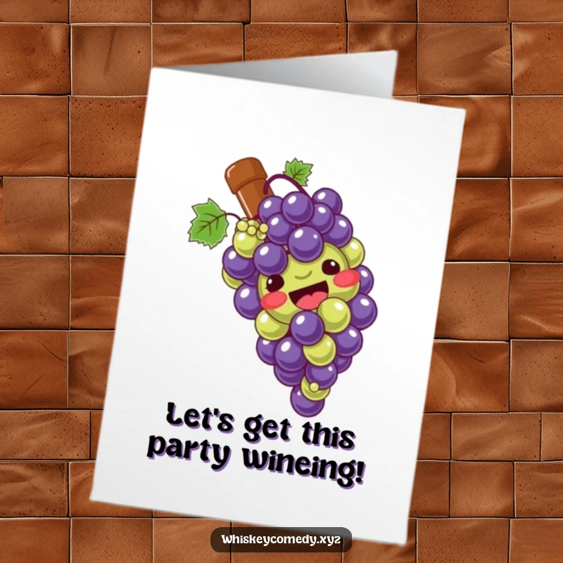 Funny Free Printable Birthday Card: A giggling bunch of grapes hilariously slides down a bottle, celebrating a birthday.