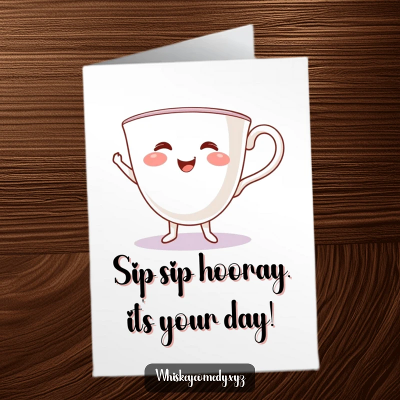 Funny Free Printable Birthday Card: A smiling teacup joyfully jigs, spreading birthday cheer, perfect for tea enthusiasts.