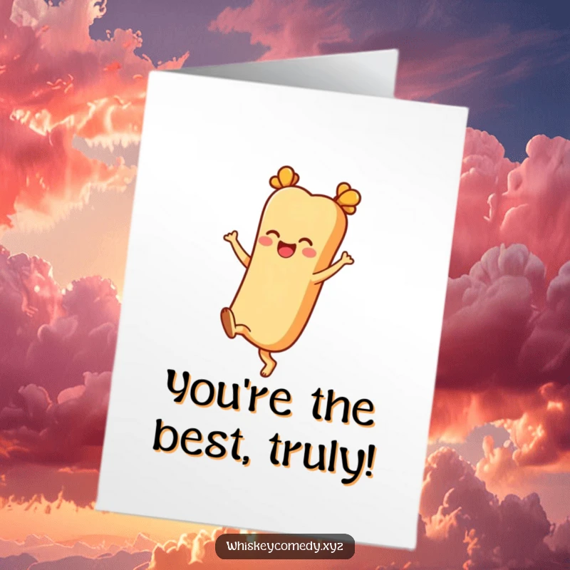 Funny Free Printable Congratulations Card: A cheerful baguette character kicking its heels up with joy, a delightful downloadable gift.