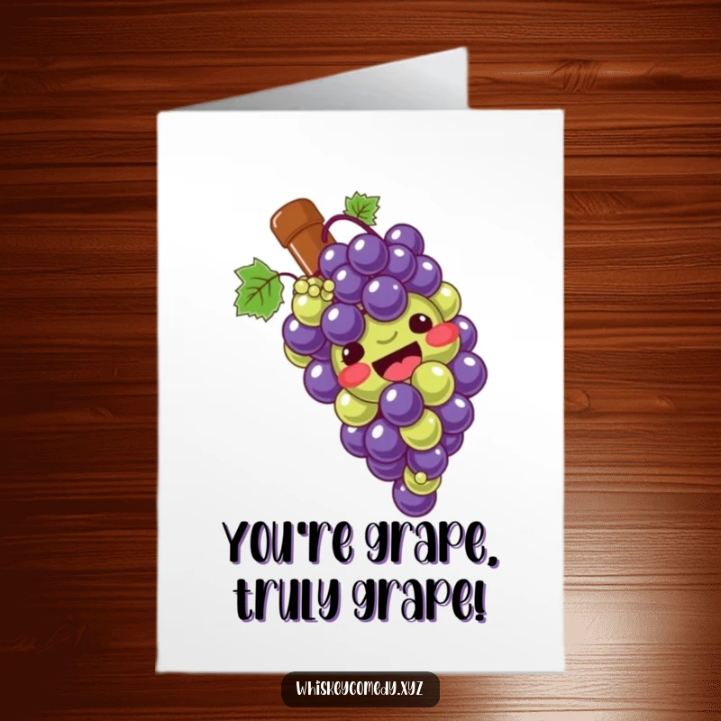 Funny Free Printable Congratulations Card: A giggling bunch of grapes playfully slides down a bottle, celebrating achievements.