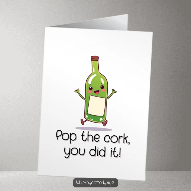 Funny Free Printable Congratulations Card: A happy wine bottle doing a comical little skip, a delightful downloadable gift.