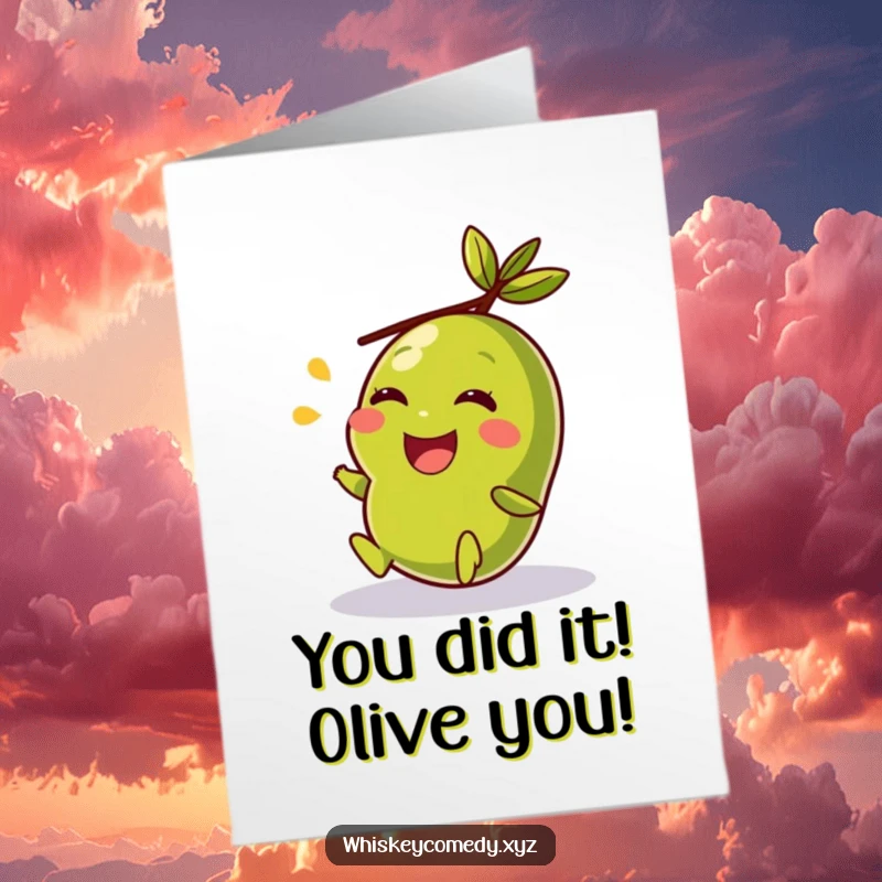 Funny Free Printable Congratulations Card showing a giggling olive rolling with pure glee and excitement.