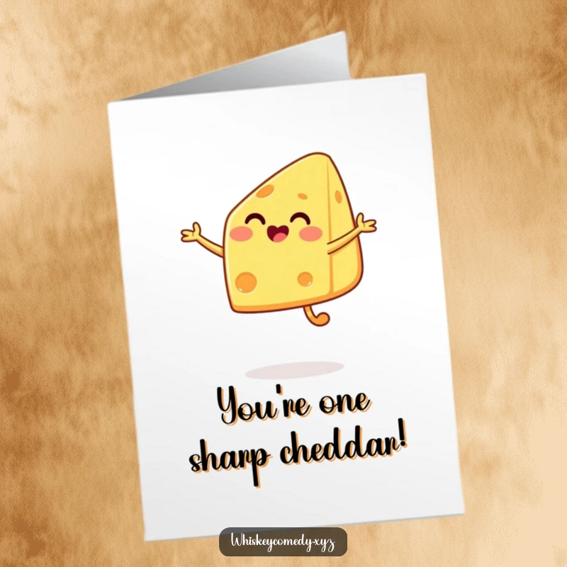 Funny Free Printable Congratulations Card: A happy cheese wedge executes a delighted jump, cheering on success with cheesy enthusiasm.