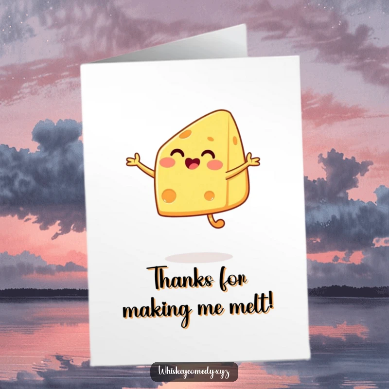 Funny Free Printable Thank You Card: A happy cheese wedge performs a delightful jump, sendingthanks with infectious energy.
