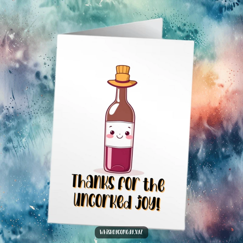 Funny Free Printable Thank You Card: A cheerful wine bottle stylishly dons a tiny hat, conveying thanks with a wink.