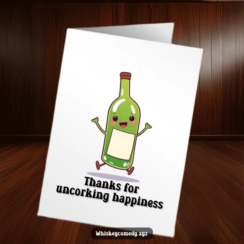 Funny Free Printable Thank You Card: A happy wine bottle doing a comical little skip, a unique DIY present.