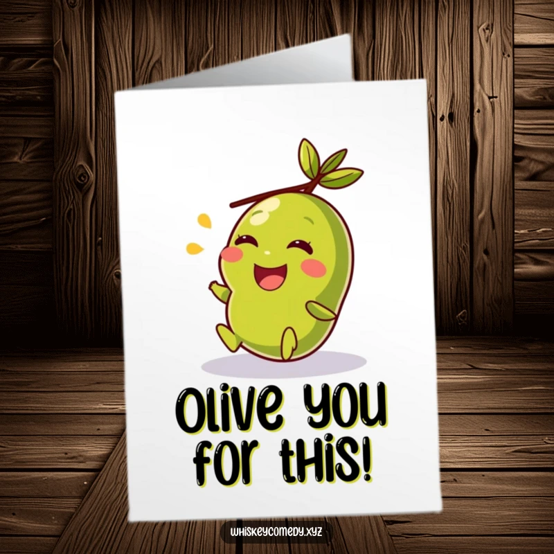 Funny Free Printable Thank You Card with a giggling olive rolling, a unique way to say thanks.