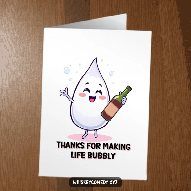 Funny Free Printable Thank You Card: A bubbly water droplet dancing a jig with a wine bottle, a unique DIY present.