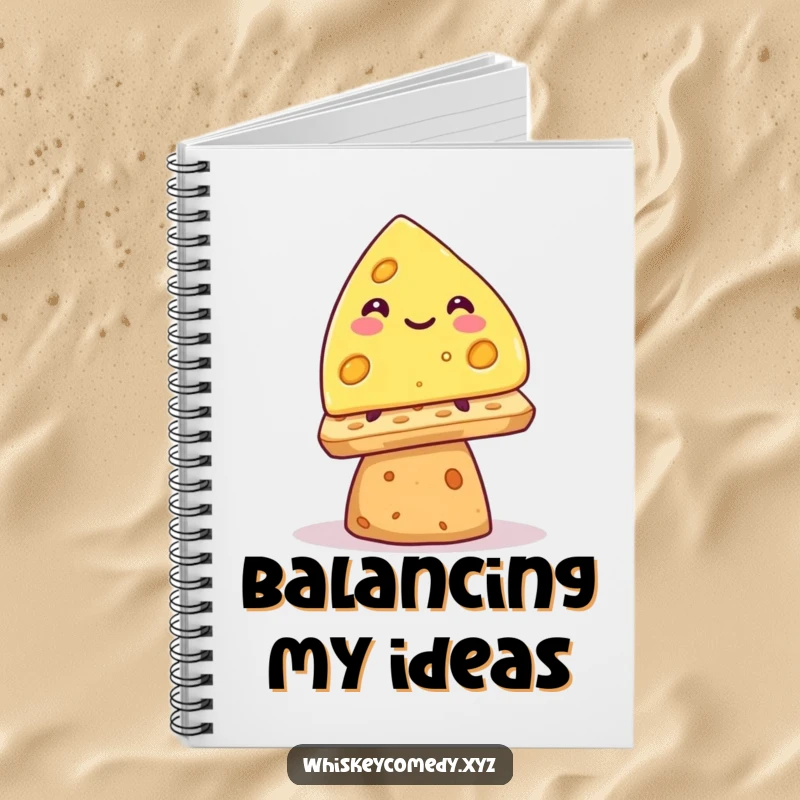 Funny smiling cheese wedge notebook, precariously balancing on a cracker, a fun and practical stationery item.