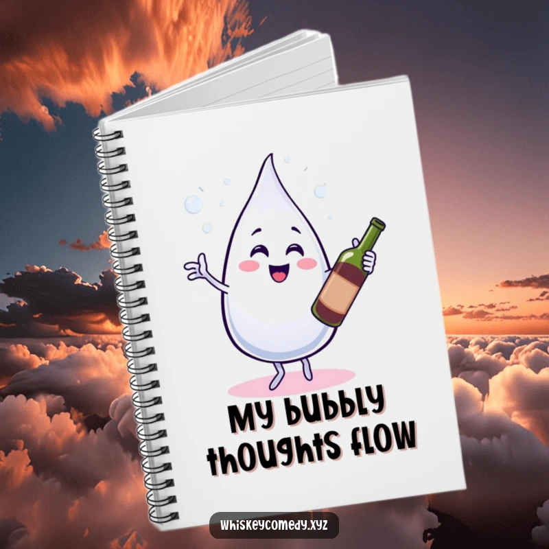 Funny notebook with a bubbly water droplet character dancing with a wine bottle on the cover, ideal for notes.