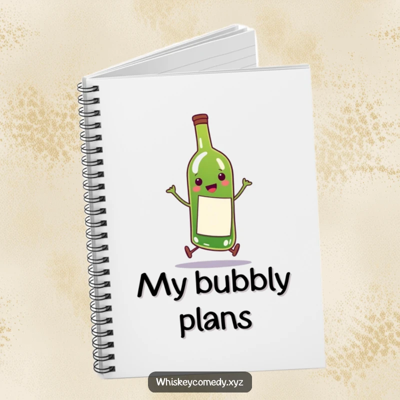 Funny notebook with a happy wine bottle character doing a comical skip on the cover, ideal for note-taking and journaling.