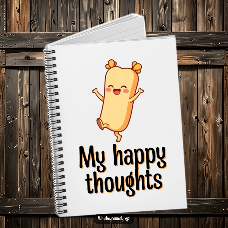 Funny notebook with a cheerful baguette character kicking its heels up on the cover, ideal for note-taking and journaling.