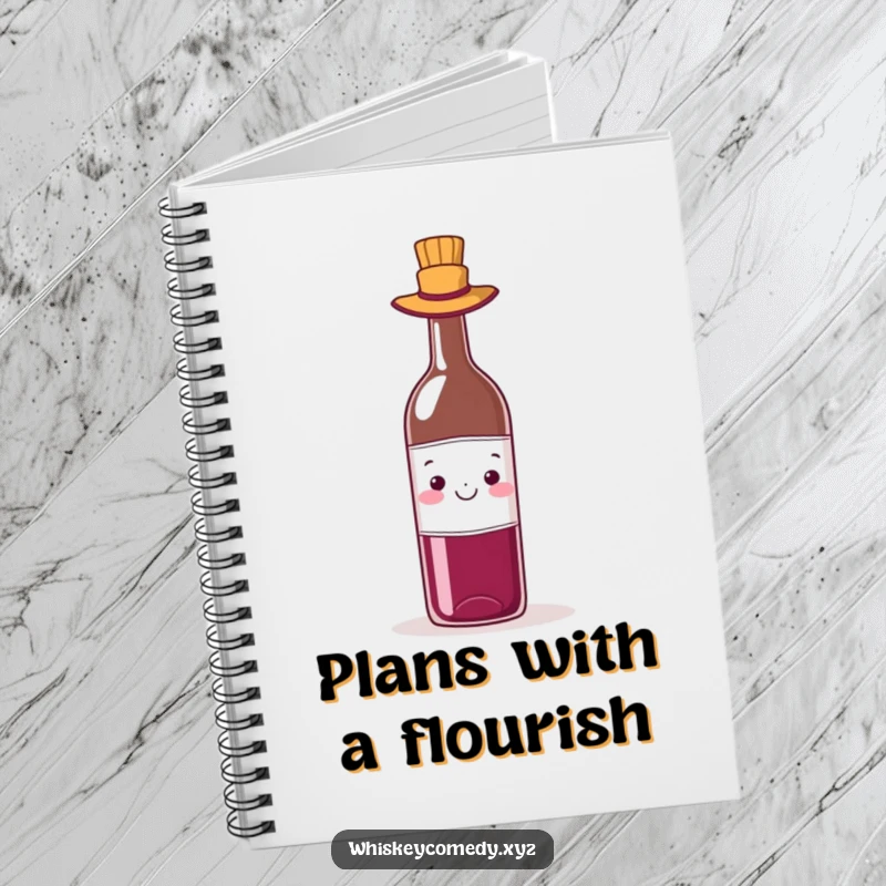 Funny wine hat notebook featuring a cheerful wine bottle adorned with a tiny hat, perfect for notes and creative writing.