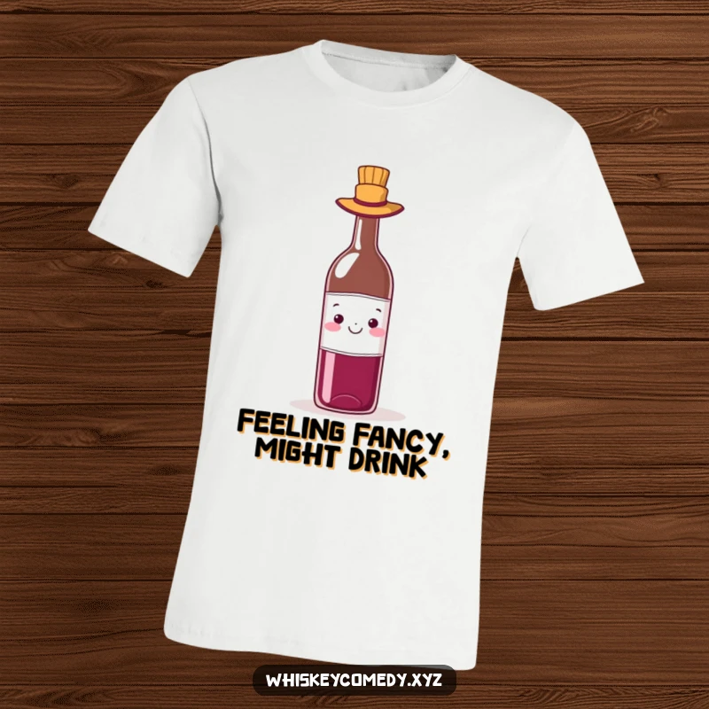 Funny wine hat t-shirt featuring a cheerful wine bottle adorably wearing a tiny hat, emanating pure joy and celebration.
