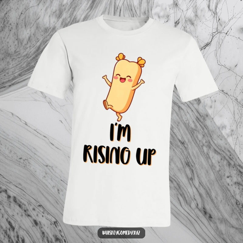 Funny baguette t-shirt with a cheerful character kicking its heels up joyfully, great for casual wear and bakers.