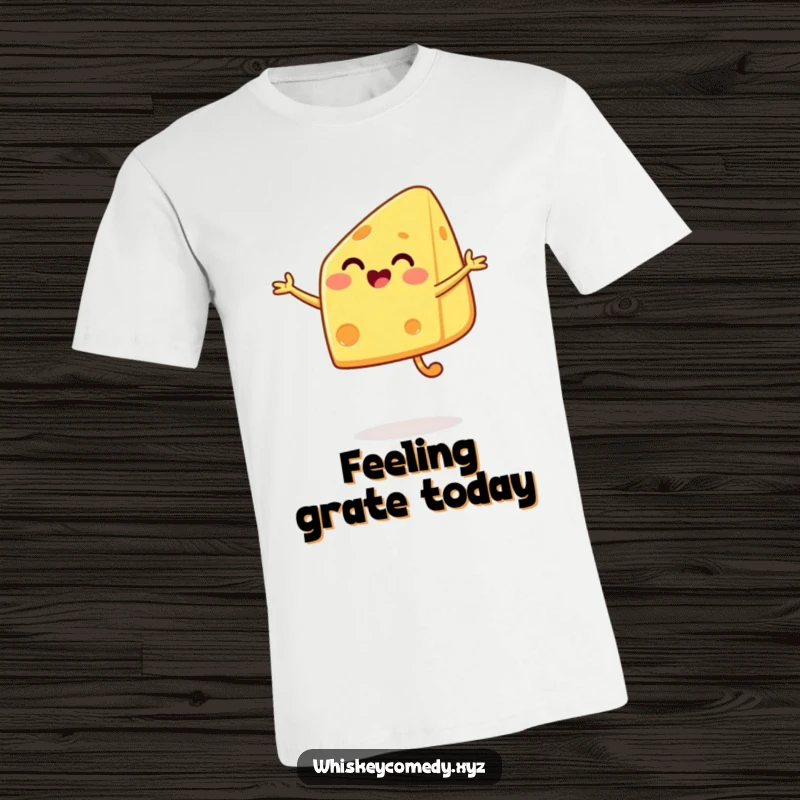 Funny cheese jump t-shirt depicting a happy cheese wedge in a joyful leap, radiating pure cheesy delight and excitement.