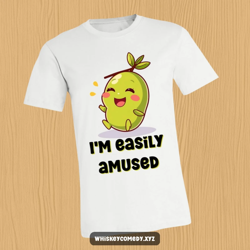 Funny t-shirt with a giggling olive rolling with pure glee, a hilarious and joyful depiction for any food lover.