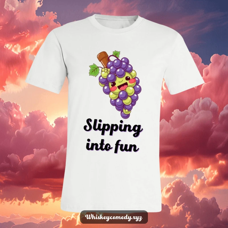 Funny grape slide t-shirt depicting a giggling bunch of grapes gleefully sliding down a bottle, exuding pure joy and fun.