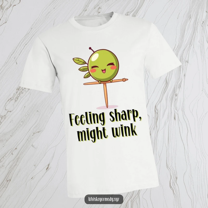 Funny olive wink t-shirt depicting a mischievous olive winking and balancing on a toothpick, exuding confidence and playful charm.