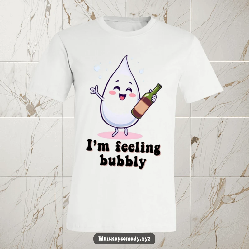 Funny t-shirt with a bubbly water droplet dancing with a wine bottle, great for casual wear and party lovers.