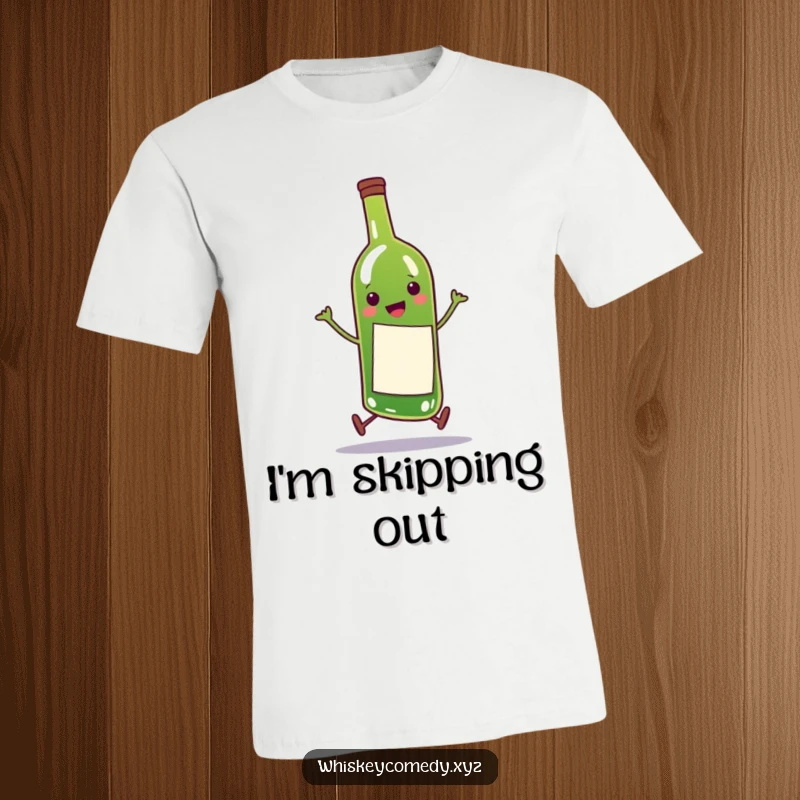 Funny wine bottle t-shirt with a happy character doing a comical skip, great for casual wear and wine enthusiasts.