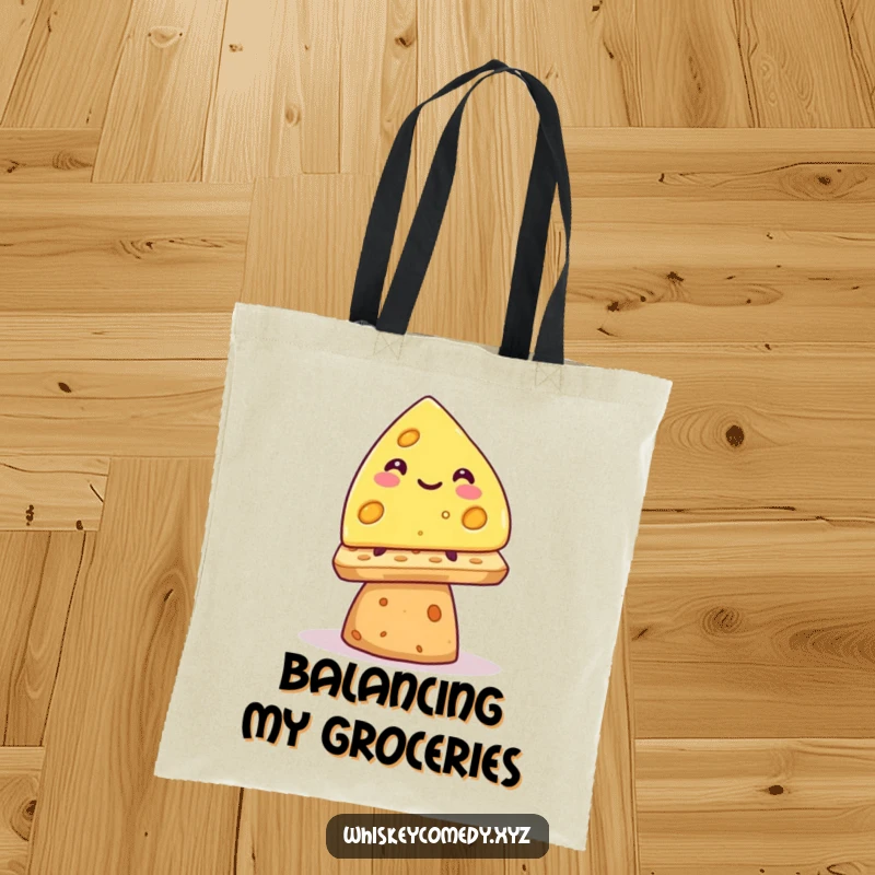 Funny smiling cheese wedge tote bag, precariously balancing on a cracker, a practical and humorous accessory.