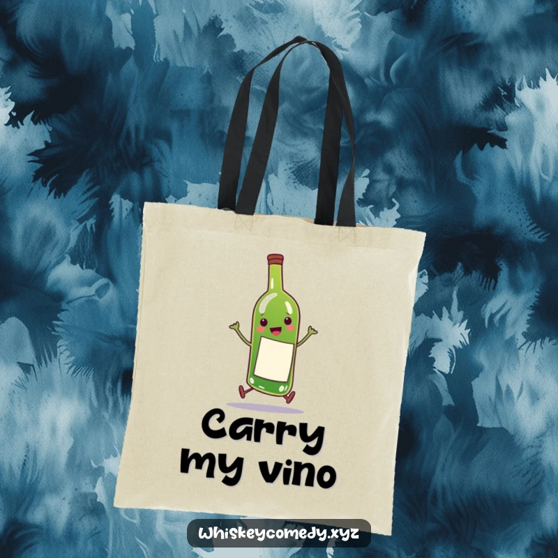 Funny wine bottle tote bag showcasing a happy character doing a comical skip, ideal for shoppers and wine fans.