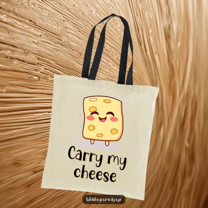Funny cheese tote bag showcasing a giggling slice of cheese doing a happy spin, ideal for shoppers and cheese fans.
