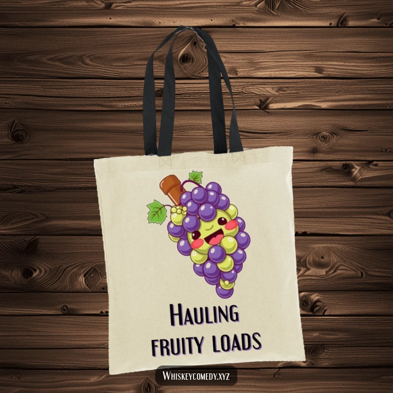 Funny grape slide tote bag showcasing a giggling bunch of grapes sliding down a bottle, ideal for carrying essentials with wine flair.